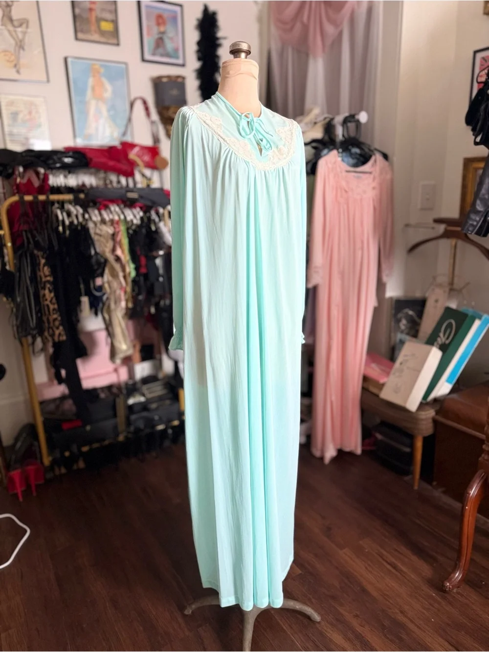 Vintage 1950s Pastel Long Nightgown with Lace